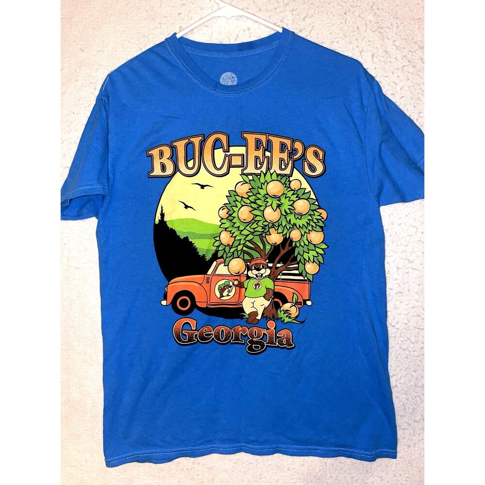 Buc-ees Georgia Peaches t-shirt size M Short Sleeve Blue Crew Neck Beaver